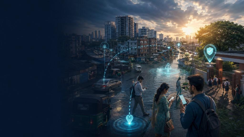 City street at dusk with people checking phones while nearby alerts and verified places appear as a local information layer.